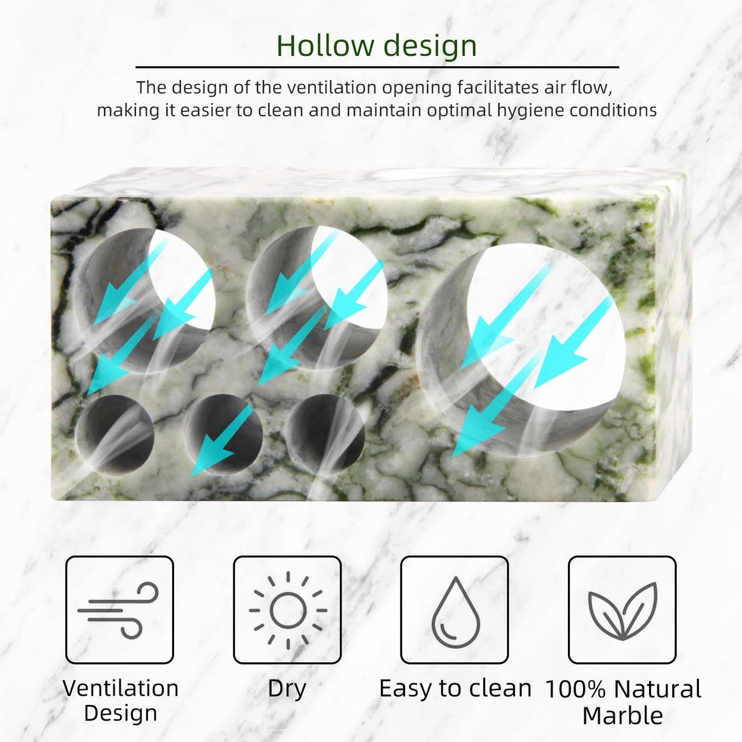 Natural Marble Toothbrush Holder,Large Bathroom Organizer Countertop,Stone Toothbrush and Toothpaste Stand with Non-Slip Silicone Pads (1,Green Emerald,6 Slots)