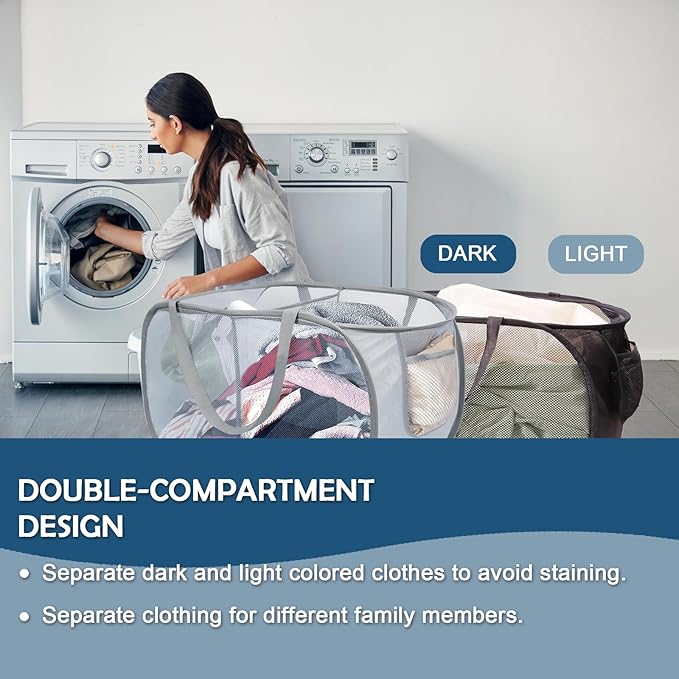 4 Pack Collapsible Laundry Baskets Dual Compartment, Mesh Pop Up Hamper