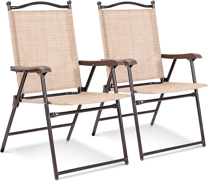 Giantex Set of 2 Patio Folding Chairs, Outdoor Patio Dining Chairs w/Armrest, Sling Back, Metal Frame, Outside Use for Lawn Camping Garden Pool Beach Yard Lounge, No Assembly, Yellow