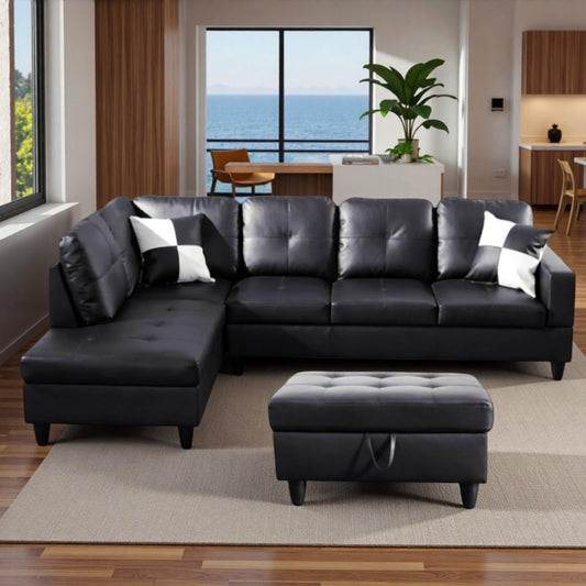 Trygoal 103.5" Modular Leather Sectional Sofa, 4-Seat L-Shaped Couch with Chaise & Storage Ottoman, 3-Piece Convertible Living Room Furniture Set for Apartment Office, Black