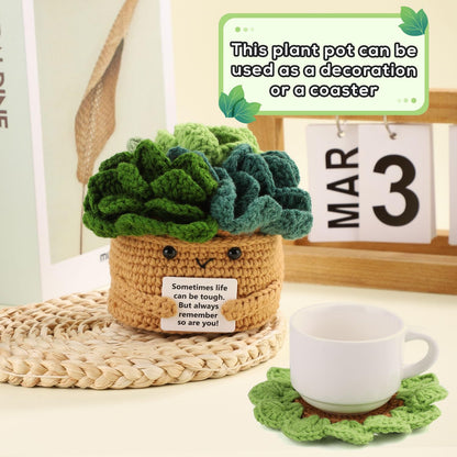 lasuroa Positive Flower Pot, Coasters Crochet Flower Mini Crochet Potted Flower Crochet Plant Pot Positive Emotional Plush Crochet with 6 Crochet Coasters for Party Decoration Encouraging Gift