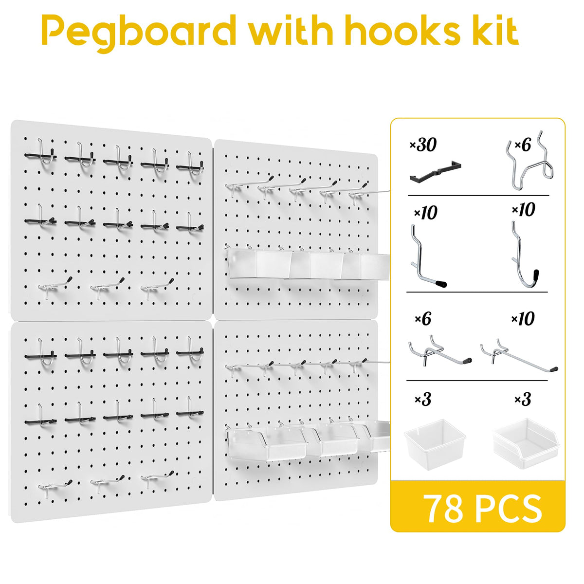 PHX Grove Peg Board for Tools, 4 Pack Metal Pegboard Wall Organizer with Hooks,12"×16" White Pegboard Panels for Walls Home, Garage Tool Storage, Kitchen, Office Organization, Craft Room