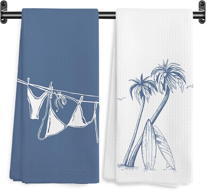 Blue Beach Surfboard Kitchen Towels, Coastal Tropical Palm Tree Decorative Hand
