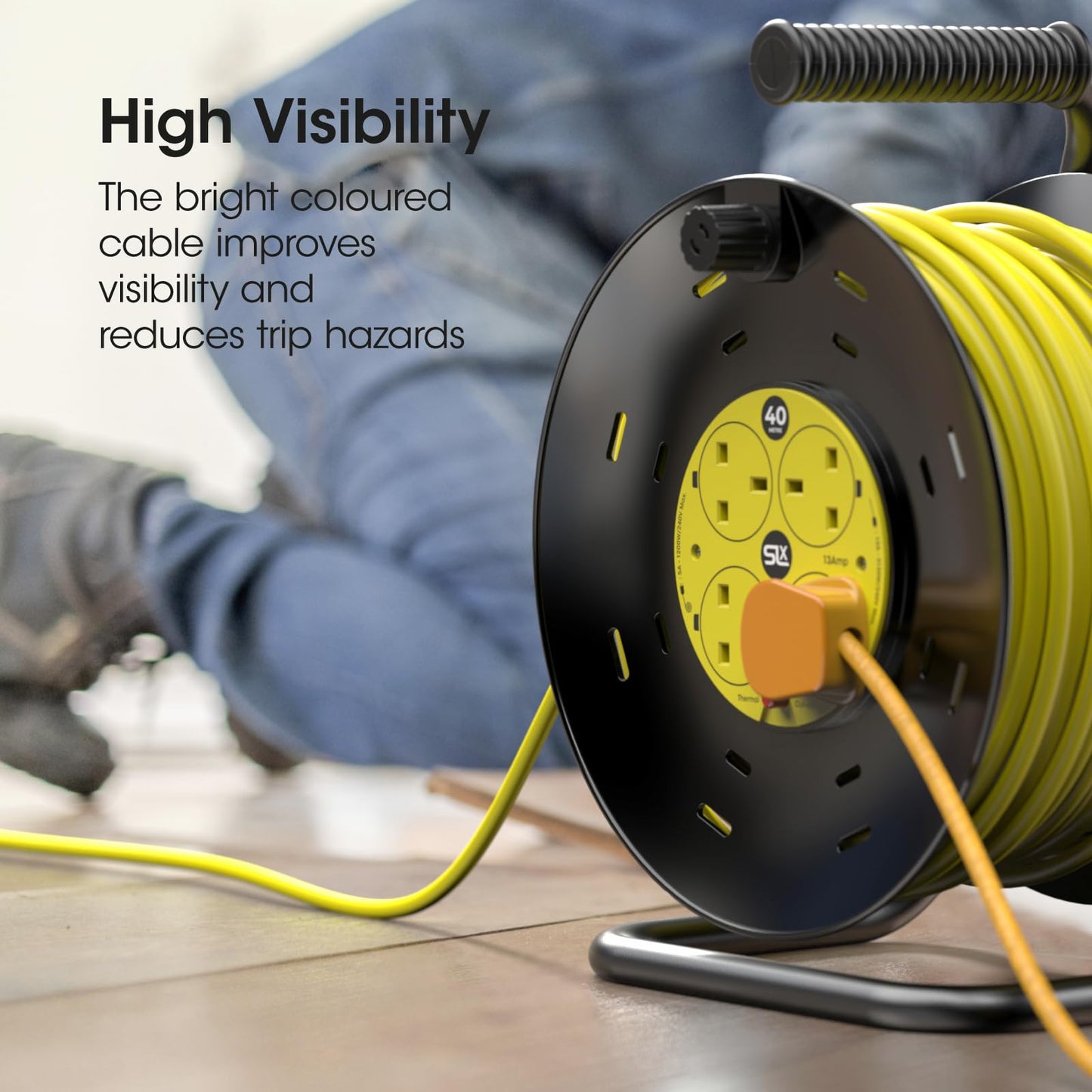 SLx Outdoor Extension Lead, 40m, 4 Socket Extension Reel, Heavy Duty Extension Cable, Thermal Cut Out, Extension Lead for Garden Lawn Mower Office, 13A Fused UK Plug