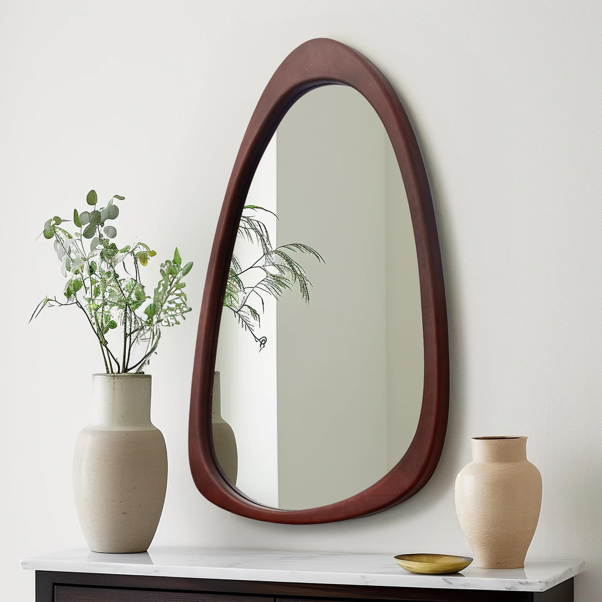 sawsile Irregular Wall Mirror for Bathroom,Wood Asymmetrical Rustic 19.5 x 30.5 inch Farmhouse Vanity Unique Walnut Decorative Large Mirror for Entryway,Bedroom,Living Room,Washroom