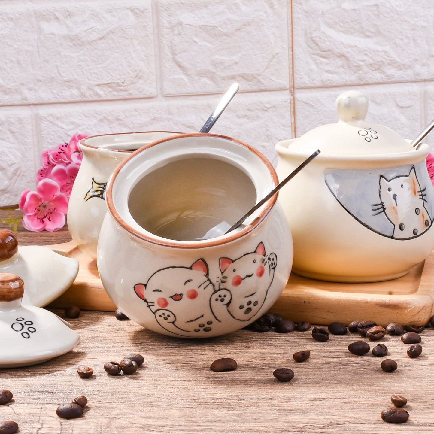 LMRLCS Ceramic Sugar Bowl with Lid and Spoon, Japanese Sugar Bowl with Spoon and Lid (Style 2)