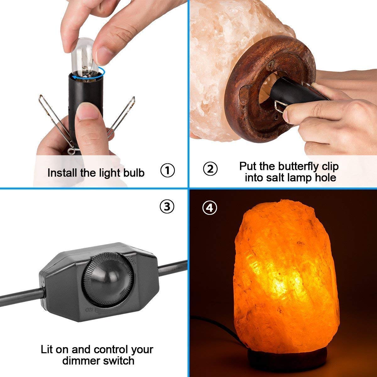 OHLGT 2-Pack Salt Lamp Cord Replacement with Dimmer Switch 5 feet Lamp Cord and 6-Pack Halogen Salt Lamp Bulbs(15 Watts)