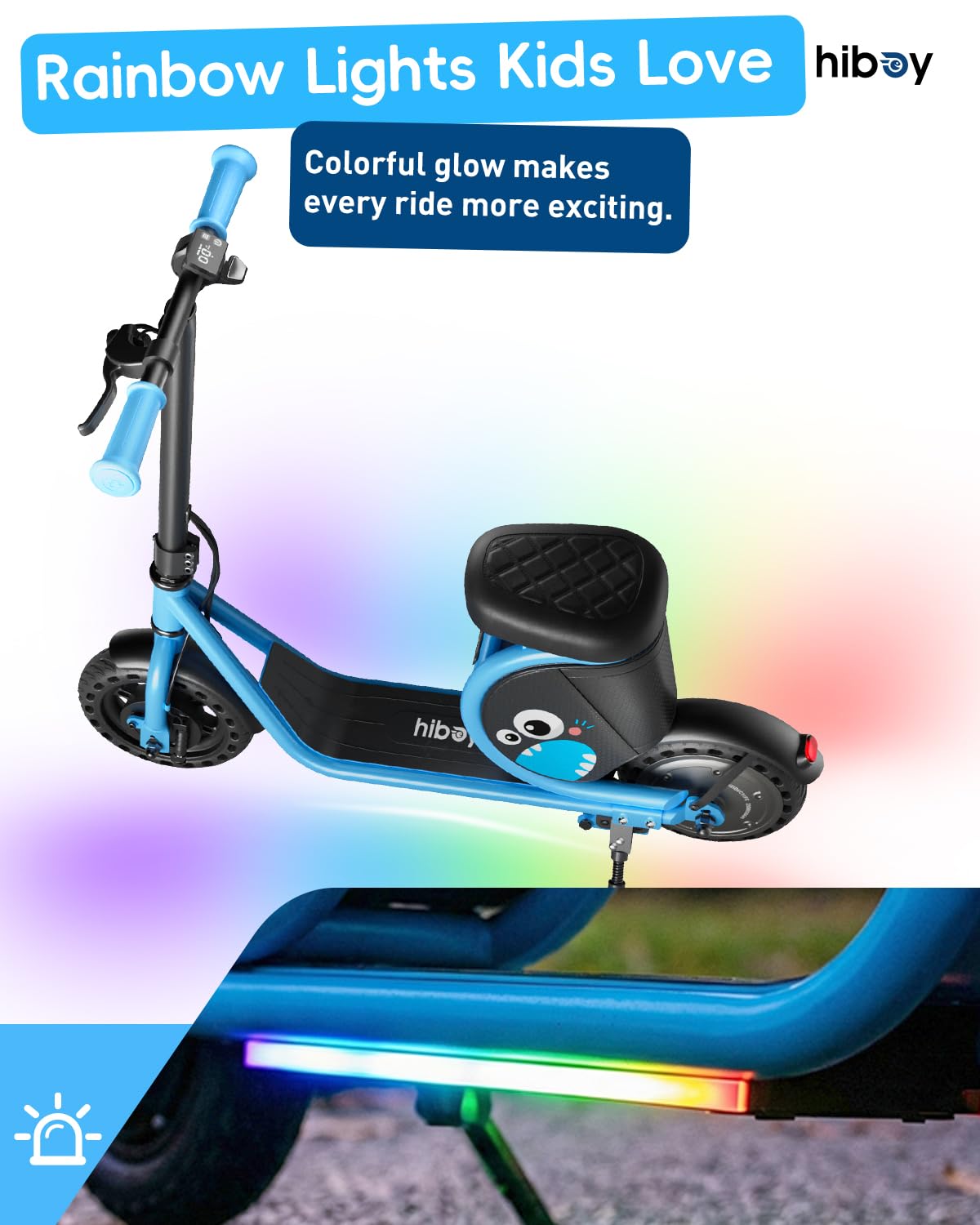 Hiboy JoyHaul Electric Scooter for Kids, Ages 4-10 – LED Neon Lights, 100W Brushless Motor, 56.16Wh Battery, Under-Seat Storage & Safety Brake, Pink