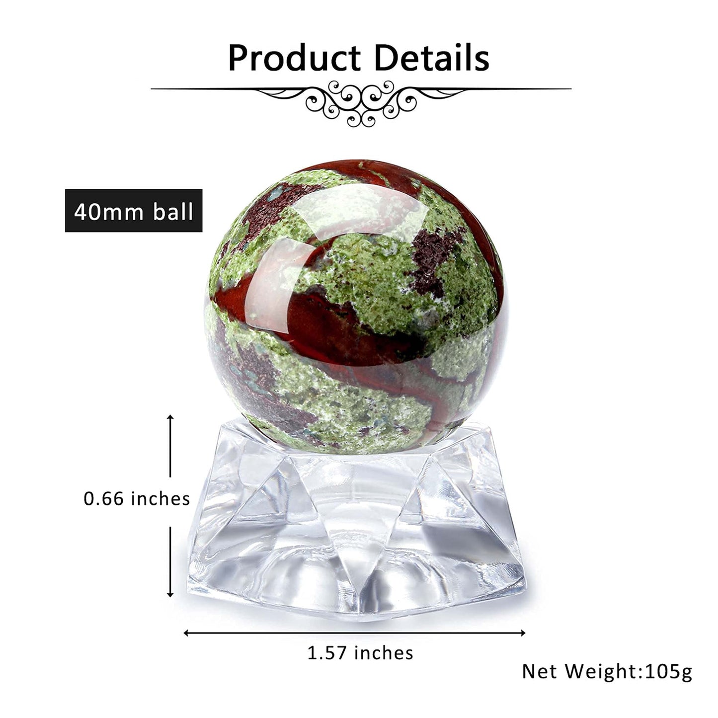Jovivi 40mm Natural Dragon Blood Jasper Healing Crystal Gemstone Ball Divination Sphere Sculpture Figurine with Acrylic Stand