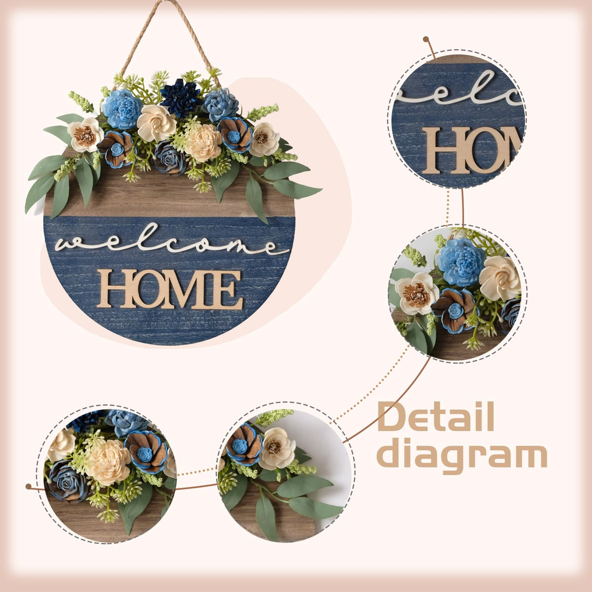 Spring/Summer Welcome Sign for Front Door 16 Inch Round Wood Sign with Rice-Paper Plant Flowers Hanging for Farmhouse Porch Door Decoration (Blue)