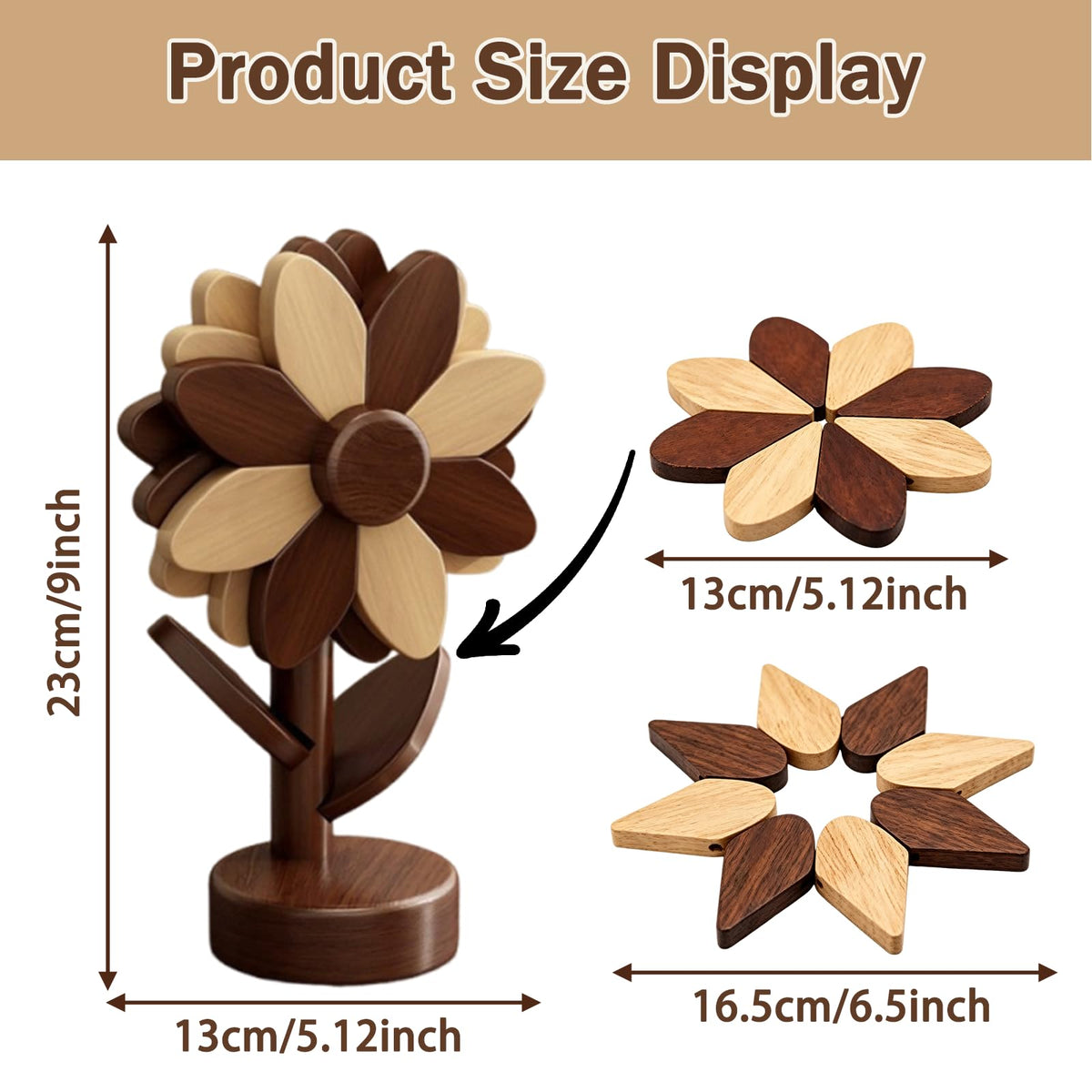 Wooden Trivets for Hot Dishes, 3-Piece Foldable Sunflower Coaster Set with Tree Stand, Heat Resistant Pot Holders for Pots, Pans and Countertops