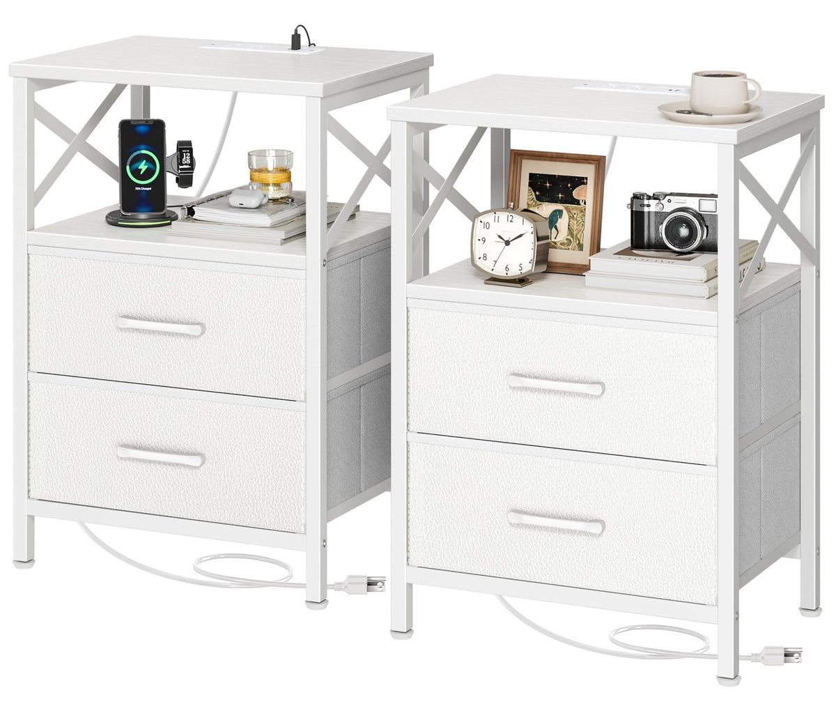 Huuger Nightstands Set of 2, Night Stand with Charger Station, 2 Drawer Side Table with Open Shelf, USB-C Port, End Table for Small Spaces, X Shaped Side Rail, White