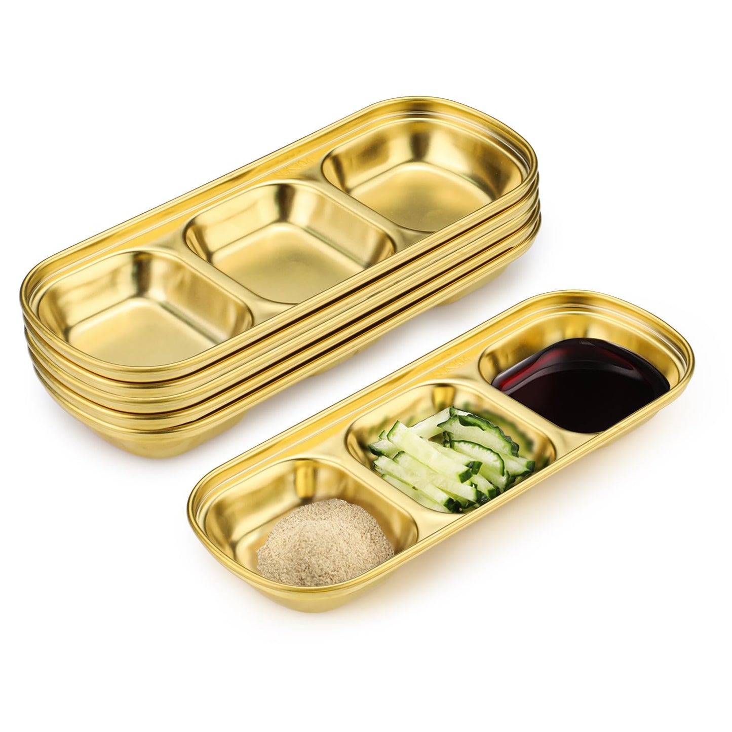 Sekonow Stainless Steel Soy Sauce Dish, 3 Grids Metal Dipping Bowls, Small Sauce Cups for Side Dishes Appetizer Dip Ingredient Prep Charcuterie, Gold Condiment Tray, 6 Pack