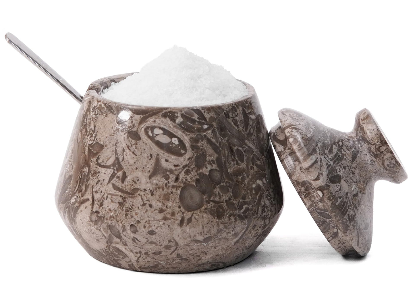 Earthen Crafts Marble Salt Cellar with Lid and Spoon 3" Inches Oceanic Salt Box Spice Jar Handmade Stone Salt Holder Sugar Storage Container for Dinning table Countertop, Ideal Gift For Kitchen Decor