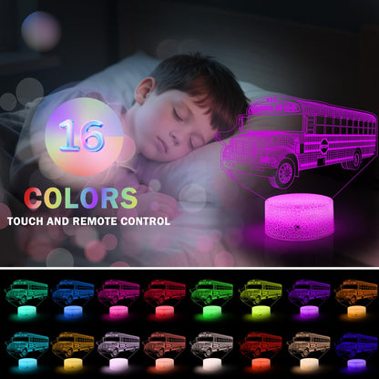School Bus Night Light Bus Driver Appreciation Gifts Bedside Lamp 3D Illusion Lamp with 16 Colors & Flashing Modes with Remote Control Opreated Dimmable, Boys Girls Room Decoration, Holiday Xmas Gifts