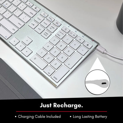 Macally Wireless Bluetooth Keyboard for Mac - Compatible Apple Keyboard or MacBook Pro/Air, iMac - Multi-Device, Up to 3 Devices with 110 Keys, 20 Shortcuts, Numeric Keypad, and Rechargeable - Silver