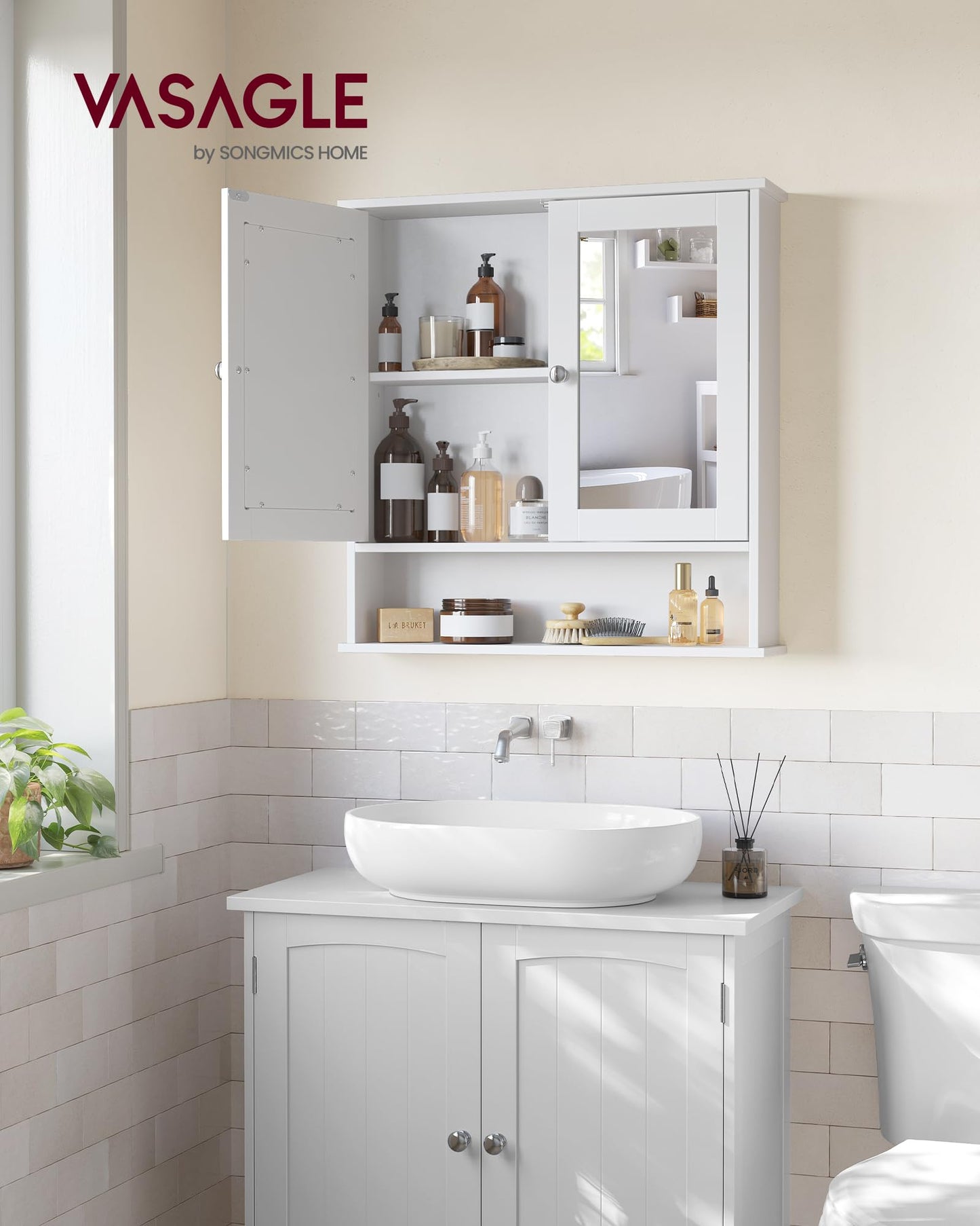 VASAGLE Bathroom Cabinet with Mirror, Wall Cabinet with 2 Mirrored Doors and Open Compartment, Adjustable Shelf, Wall-Mounted, 13 x 56.5 x 58.5 cm, White LHC002