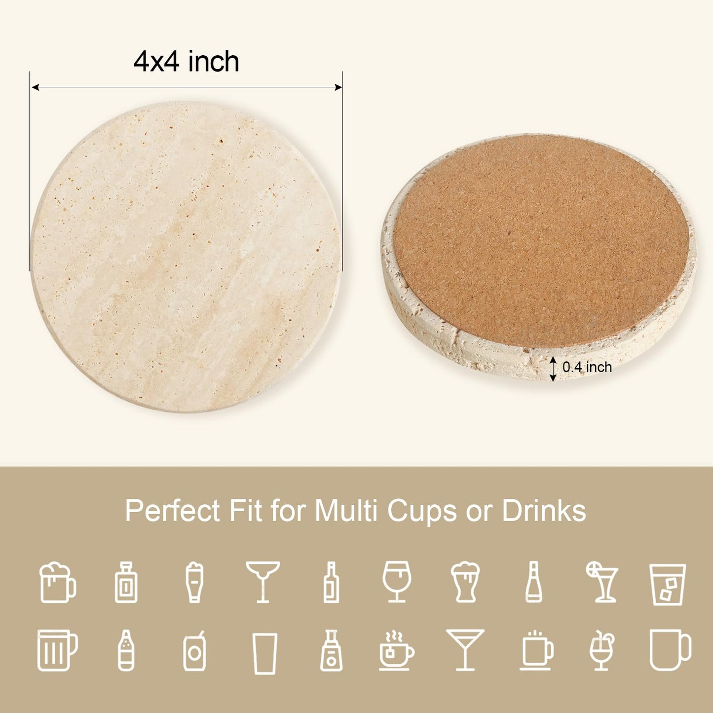 Dhfsleo Natural Travertine Marble Coasters Set of 6, Round 4 inch Stone Drink Coasters, Non-Slip Cork Backing, Festival Gifts, Wedding, Protect Tables from Stains & Scratches.
