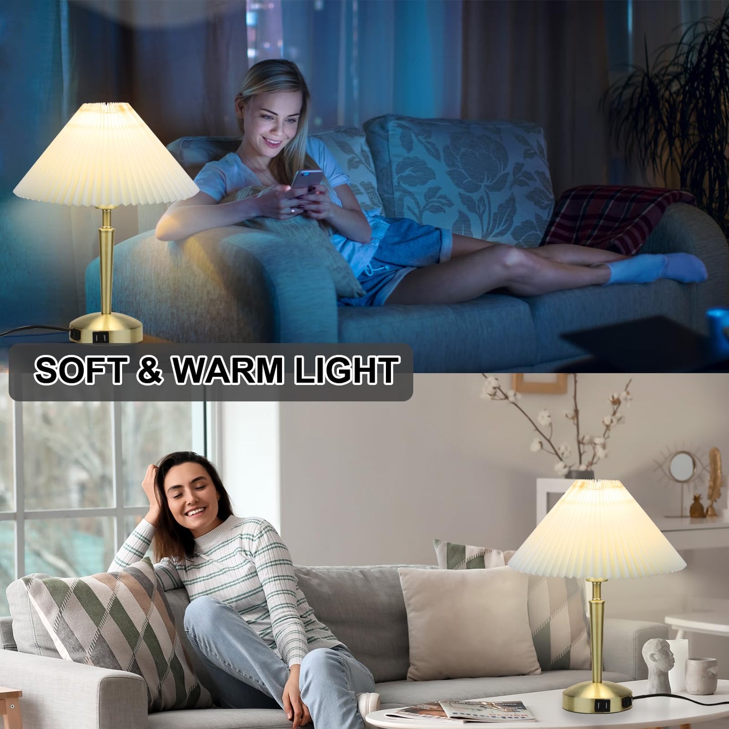 Touch Bedside Table Lamp - Modern Small Lamp for Bedroom Living Room Nightstand, Desk lamp with Fabric Lamp Shade, Warm LED Bulb, 3 Way Dimmable, Simple Design Mother's Day Gifts (Gold)