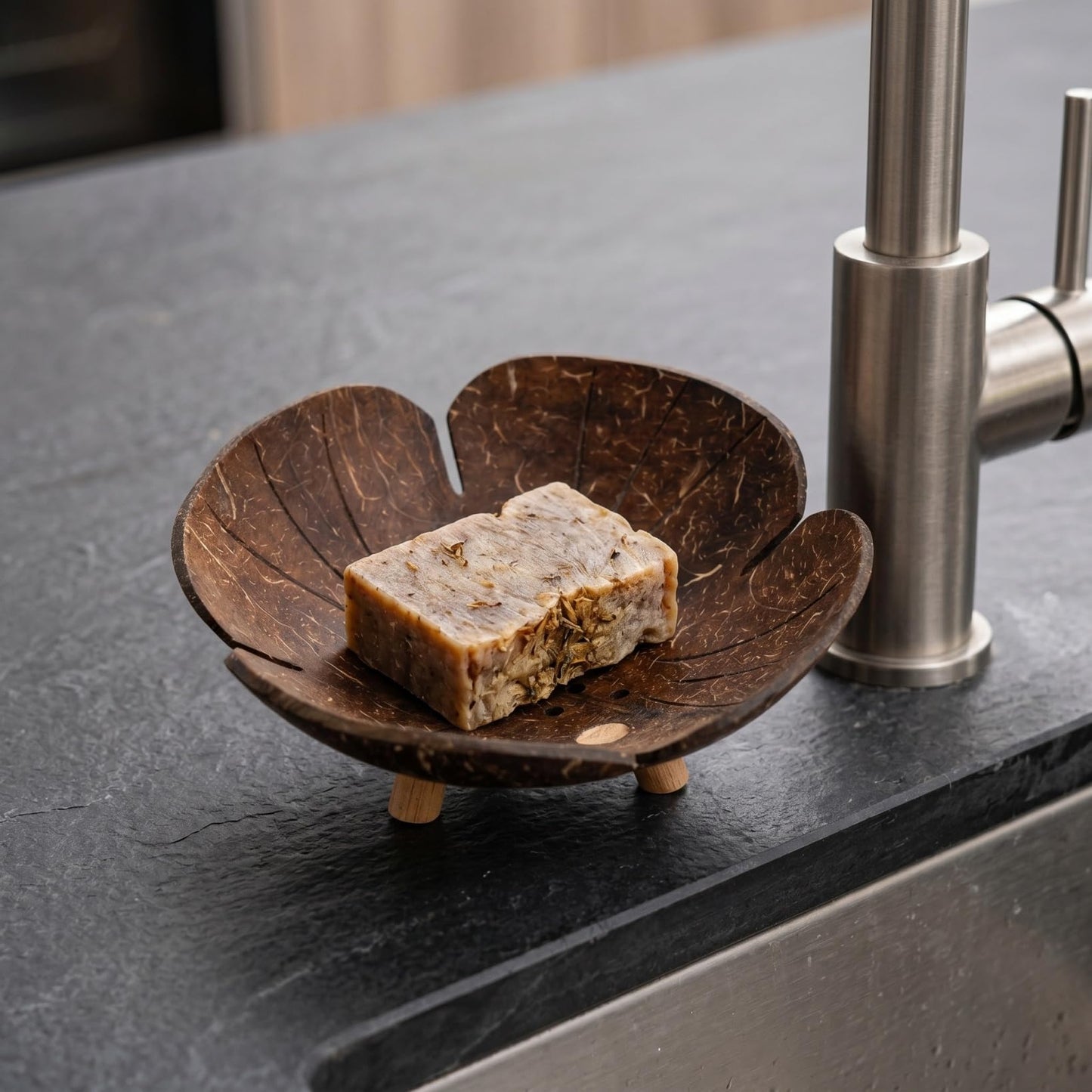 CAXUSD Coconut Shell Soap Dish Wooden Bathroom Soap Holder with Self-Draining Holes for Bar and Small Item Storage 5.11X5.11X1.96In