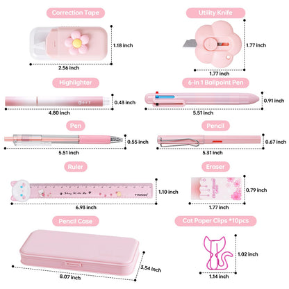 11 in 1 Pink Axolotl Stationery Gifts Set School Supplies for Kids, Kawaii Stationery Kit Axolotl Office Supplies with Pencil Case, Pens & Sticky Notes Set Correction Tape Ruler Utility Knife Cat Clip