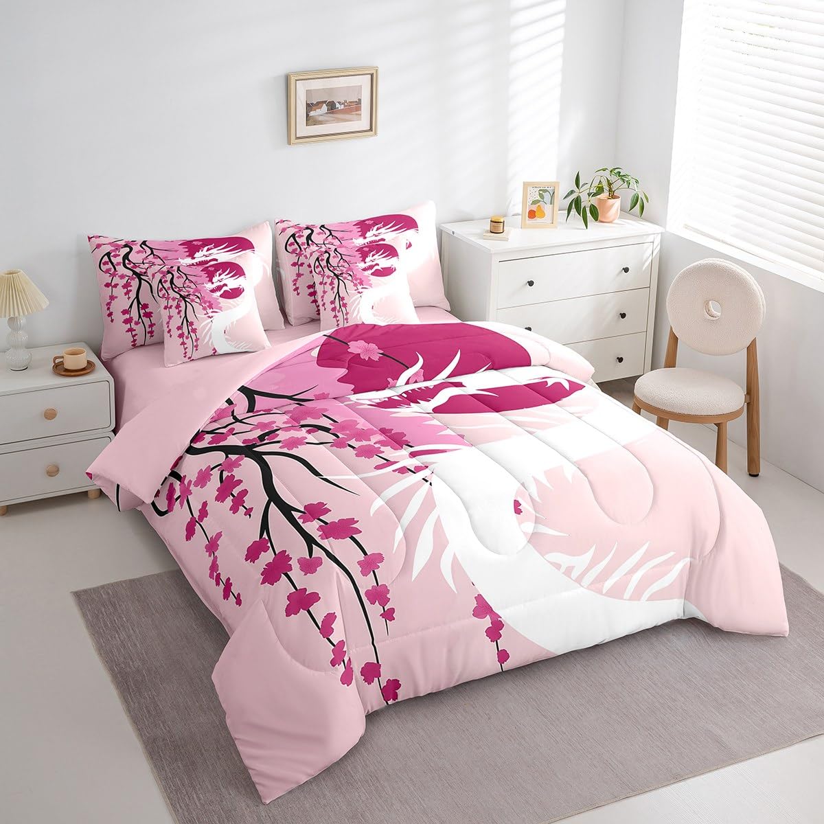Erosebridal Japanese Ukiyo-E King Comforter Set 7 Piece Sakura Dragon Bedding Set Magical Wildlife Animal Bed in A Bag for Kids Boys Girls,Pink Watercolor Cherry Blossom Flowers Bed Set