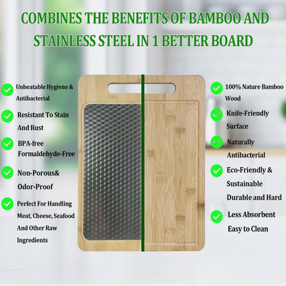 Double Sided Bamboo&Stainless Steel Cutting Board with Juice Groove and Handle, Non Toxic, Wooden Chopping Boards for Kitchen,Charcuterie Board,Ideal Gift for Housewarming(15”×11”Large YC)