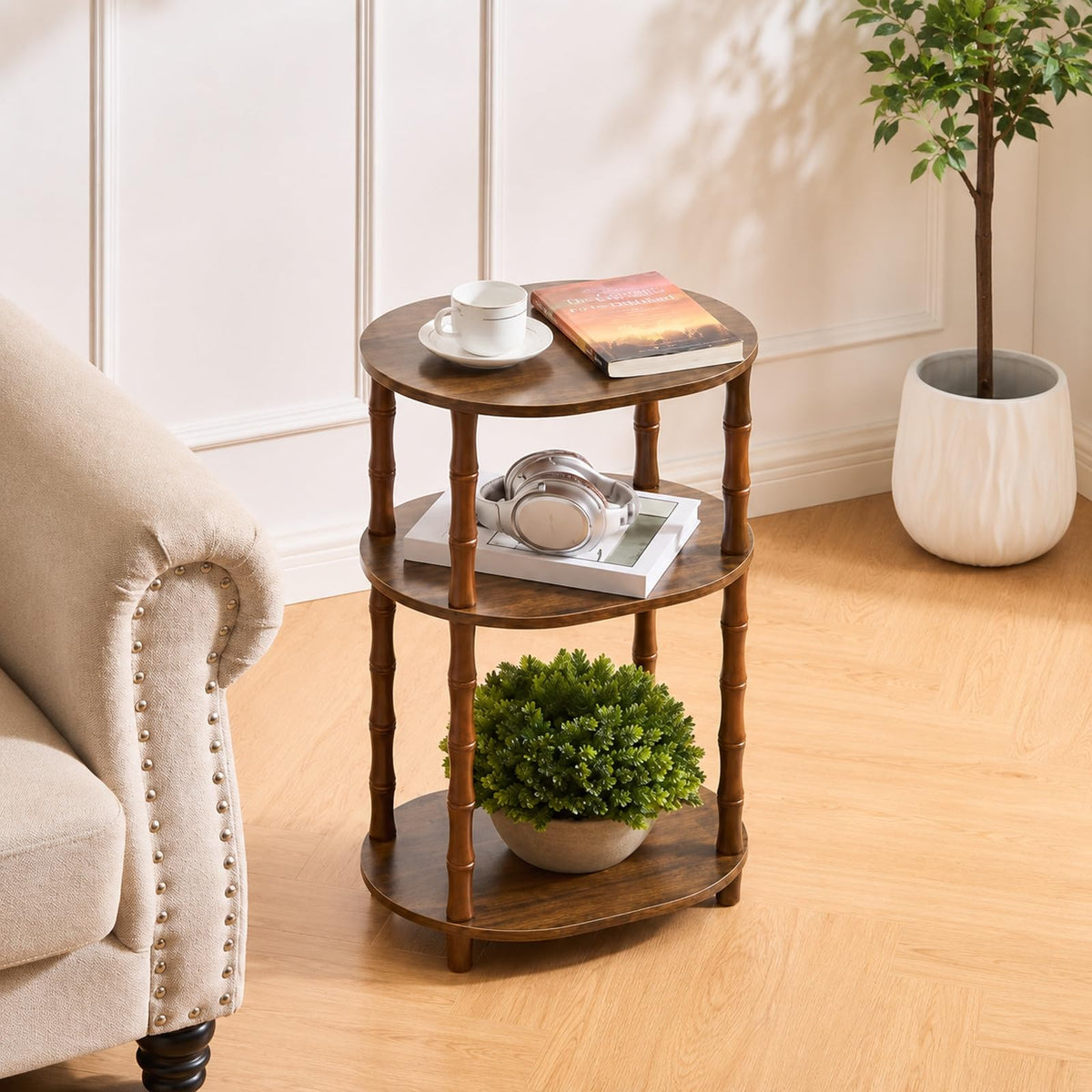 Orvado Side Table, 3-Tier Oval Accent Small End Table, Modern Oval Nightstand Accent Table for Small Space, Bedrooms, Living Room, Easy to Assemble, Rustic Brown