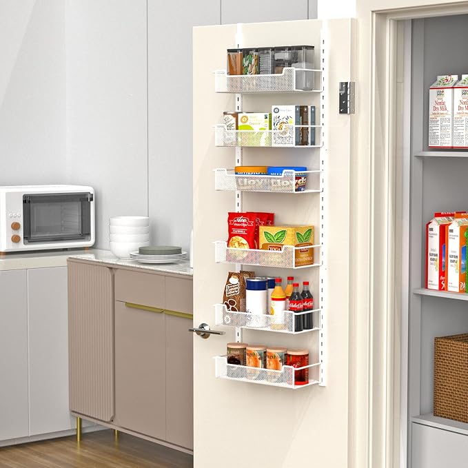 VyGrow 12.3" W Narrow Over the Door Pantry Organizer, 6-Tier Over the Door Organizer with Adjustable Basket, Pantry Door Organization for Pantry Kitchen Storage Room Spice Rack, White