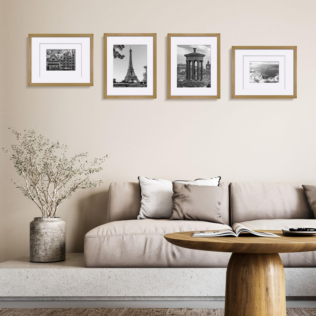 Egofine 11x14 Picture Frames 4 Pack Display Pictures 5x7/8x10 with Mat or 11x14 Without Mat Made of Solid Wood Covered by Plexiglass for Table Top Display and Wall Mounting Photo Frame, Light Brown