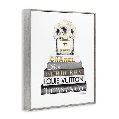 Stupell Industries Blooming White Floral Display on Glam Designer Bookstack Wall Art, 11 x 14, Black Framed