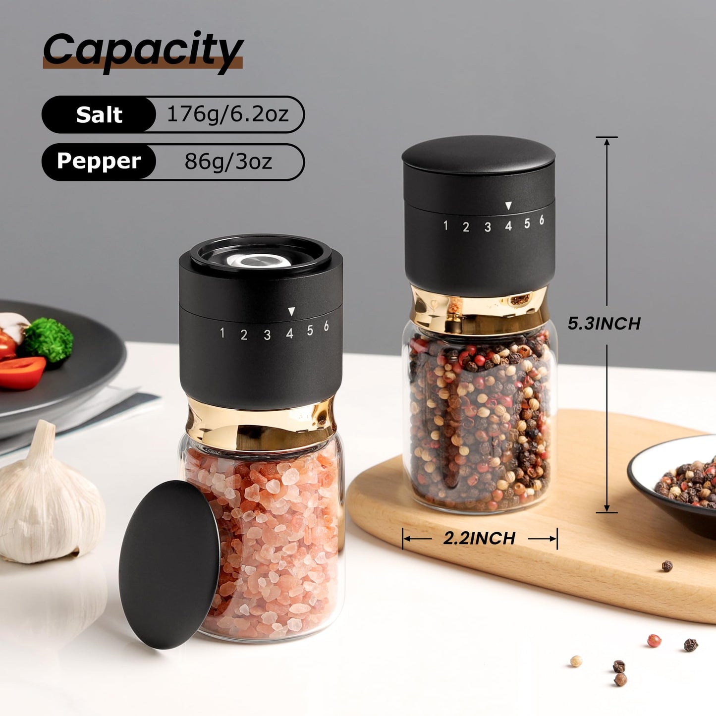 Gold Salt and Pepper Grinder Set with External Adjustable Coarseness Stainless Steel Sea Salt & Pepper Mill Set Ceramic Core Spice Grinder Refillable Glass Black and Gold Shaker Kitchen Accessories