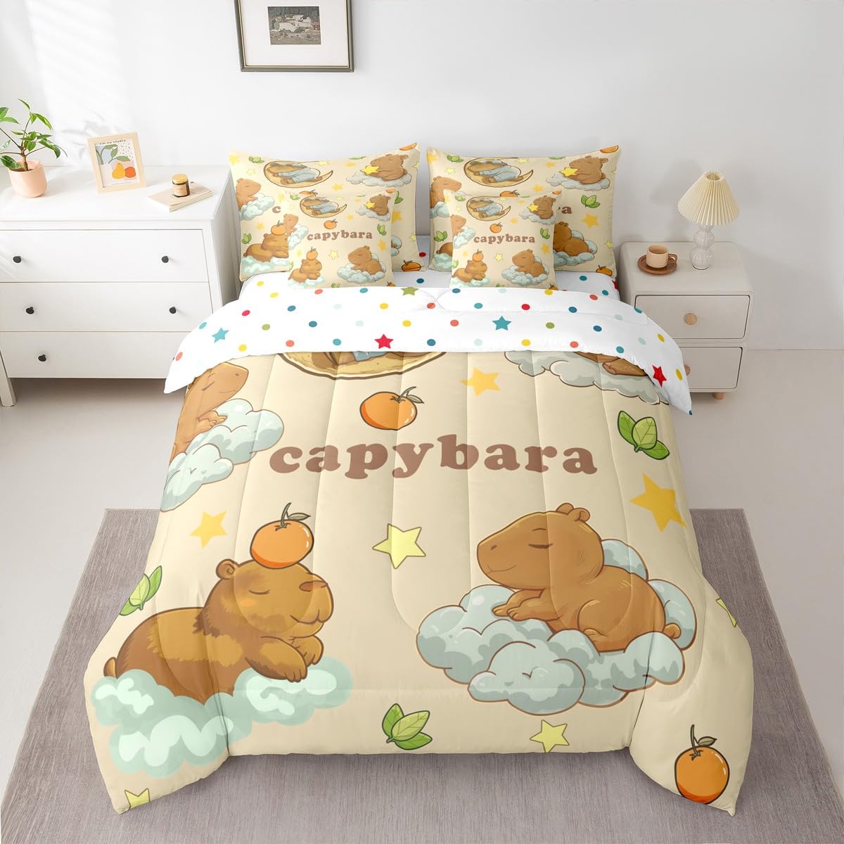 Capybara Dreams Queen Comforter Set Stars Cute Animal Bed in a Bag with Flat and Fitted Sheet for Kids Boys Girls Cute Capybara 7-Piece Bedding Set Dreamy Fantasy Cloud Animal Quilt Duvet Sets