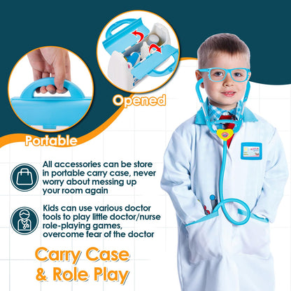 BUYGER 16 Pcs Kids Childs Toy Doctor Sets, Role Play Toys for 3 Year Old Boys, with Lights and Sounds, Gift, Blue