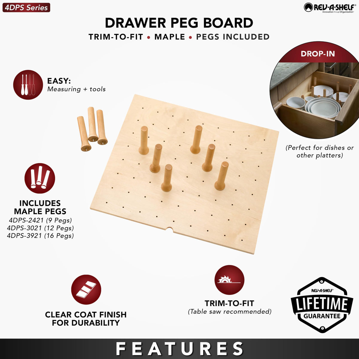 Rev-A-Shelf Pegboard Drawer Divider Organizer, Trim to Custom Fit Wooden Kitchen Cabinet Storage Utensil, Pots & Dish Rack, 39" x 21", 4DPS-3921