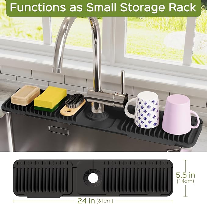 24 Inch Silicone Faucet Mat for Kitchen Sink Splash Guard – Upgraded Draining
