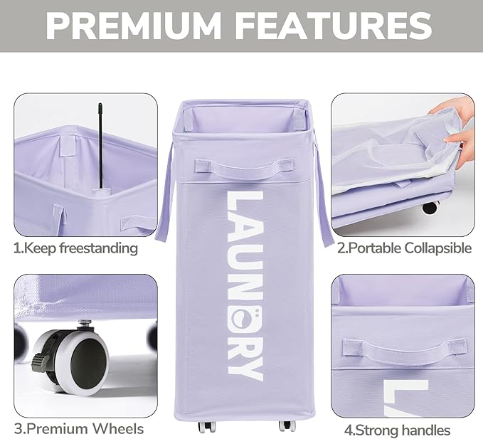 Goodpick Laundry Basket with Wheels, 75L Collapsible Laundry Baskets with