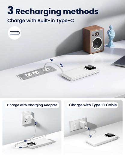 Portable Charger with Built-in Cables,22.5W Super Fast Charging Power Bank Slim Phone Charger,10000mAh Travel Battery Pack Battery Bank with Smart LED Display for iPhone, Android & USB-C Devices