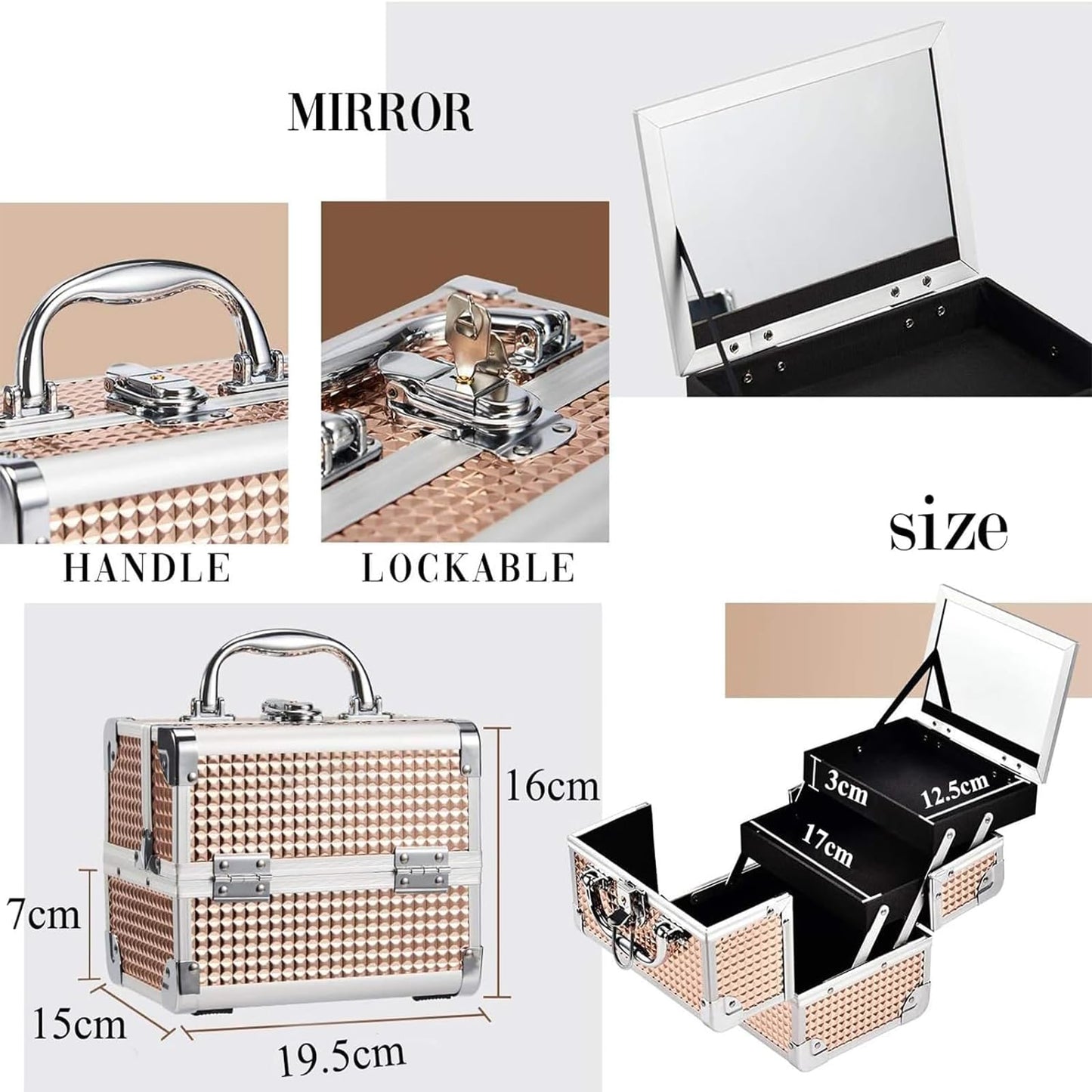 Joligrace Rose Gold Makeup Box Vanity Case Cosmetic Organiser Case Travel Make Up Case Beauty Box with Mirror, 2 Trays, Lockable, Size: 19.5 x 15 x 16cm