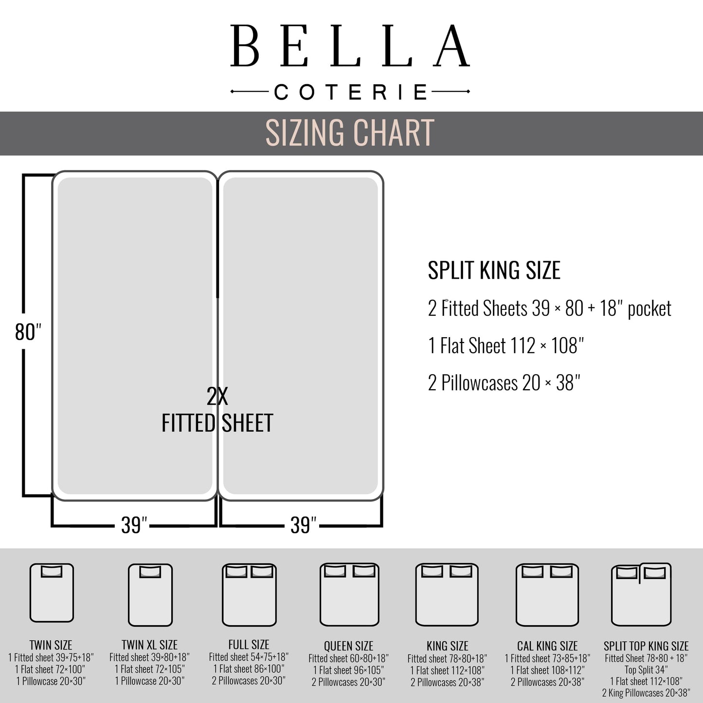 Bella Coterie Luxury Bamboo Viscose Split King Size Sheet Set | 2 Fitted Sheets for Sleep Number & Adjustable Beds | 100% Organically Grown | Cooling & Ultra Soft | 18” Deep Pocket [Mocha]