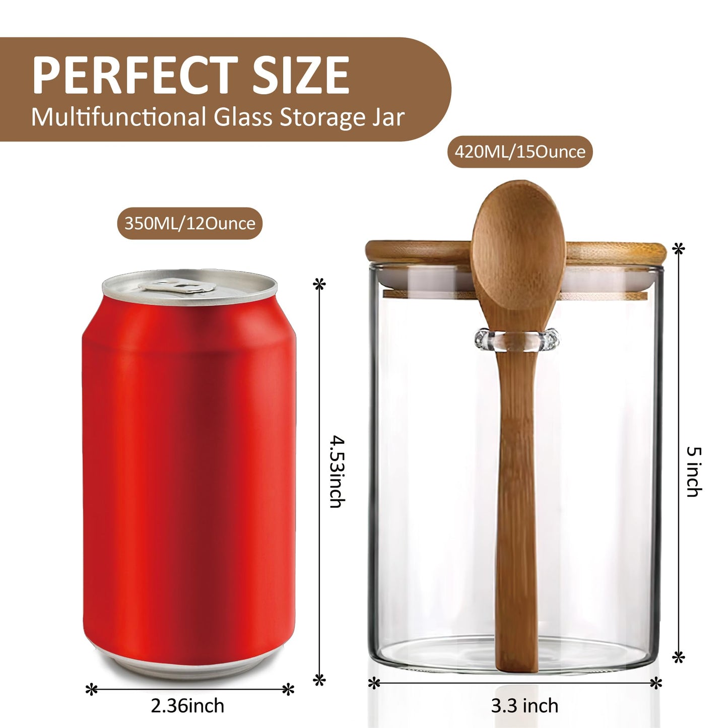 MOLADRI 2 Pack Glass Storage Canister with with Airtight Lid, 15 oz/450 ml Small Clear Decorative Container Jar with Wooden Spoon for Coffee Spice Candy Salt Cookie Sugar Matcha Tea Overnight Oats
