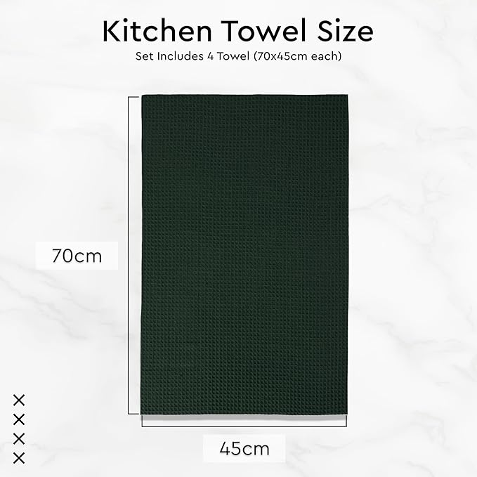 Encasa XO Kitchen Dish Towels Set | Dark Green | Waffle Weave and Flat Hand Tea
