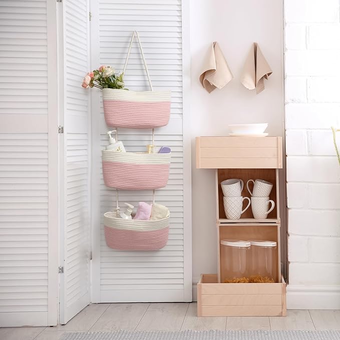 TeoKJ Over the Door Organizer, 3-Tier Woven Cotton Hanging Kitchen Baskets