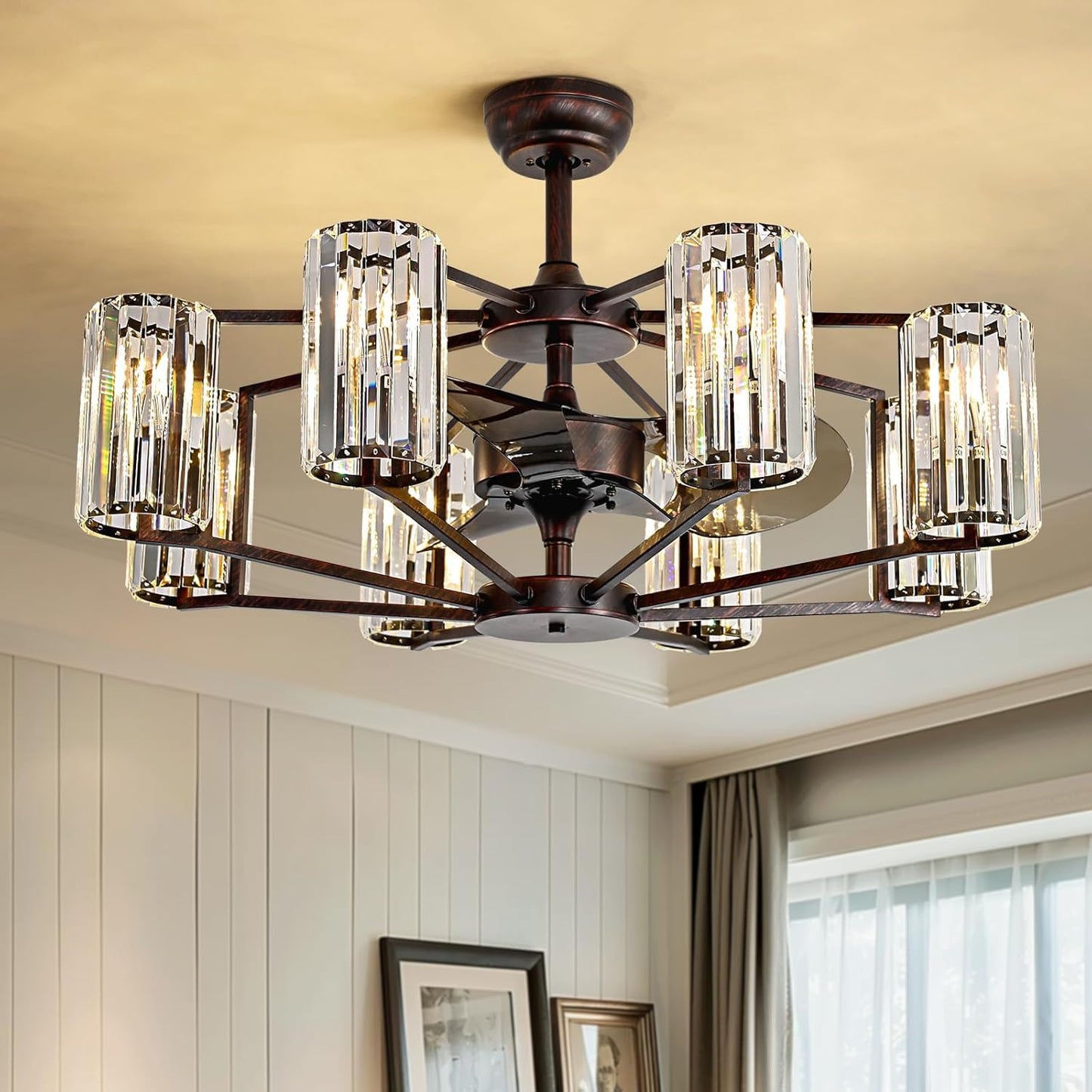 MOOONICHE 34" Crystal Chandelier Ceiling Fan 8 Lights Vintage Flush Mounted Fandelier Reddish Brown Invisible Blades Ceiling Fan for Bedroom Dining Room Living Room Kitchen Farmhouse Entry