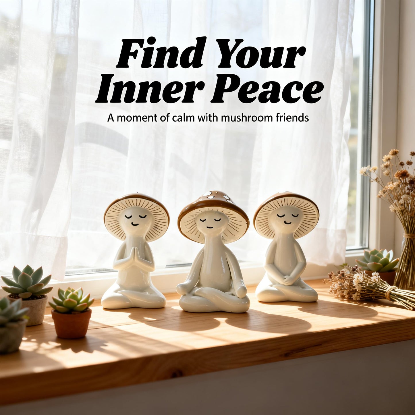 O-FarFarm 3 Pcs Mushroom Decor Figurines - Meditation Decor Statues for Living Room, Bedroom, Office - Resin Sculptures for Mindfulness Enthusiasts Home Decor Lovers Nature Lovers (White-Brown)