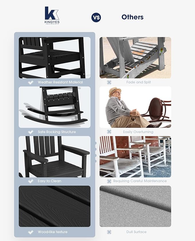 KINGYES Outdoor Rocking Chair Set of 4, High Density Polyethylene Patio Rocking Chairs with 330lbs Support for Adults, Black