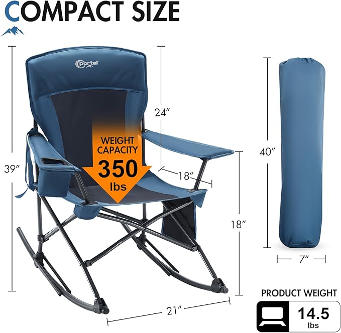 Portal Outdoor Rocking Chair Camping Folding Portable Rocker with Cup Holder Side Pocket Carry Bag, Support 350LBS (Midnight Blue)