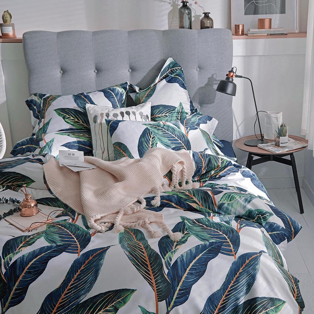 VM VOUGEMARKET Leaves Duvet Cover Set Queen,3 Piece Soft Premium Cotton Green Tropical Palm Tree Comforter Cover with Zipper Closure,Botanical Bedding Set Queen