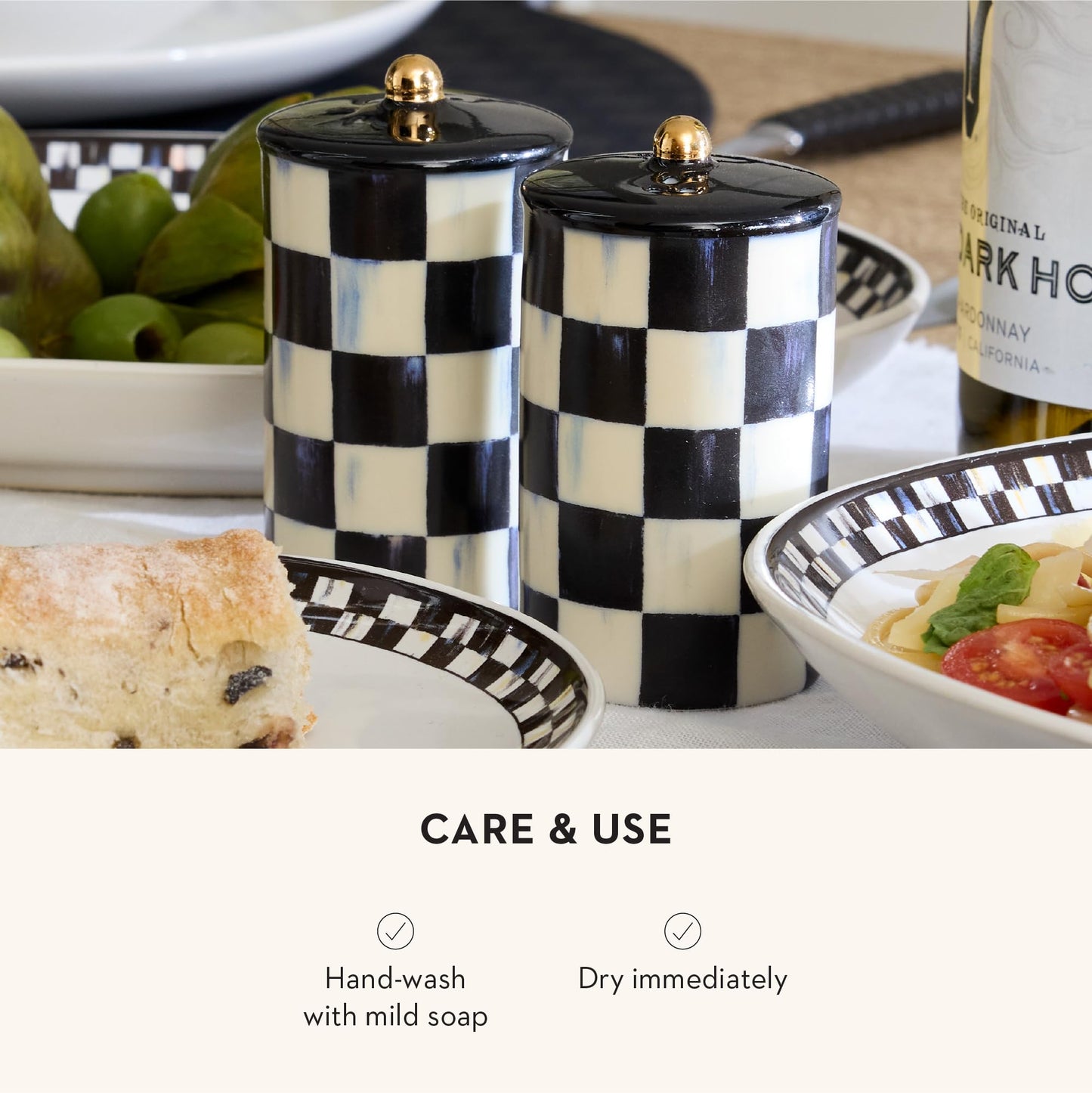 MACKENZIE-CHILDS Farmhouse Salt and Pepper Shaker Set, Ceramic Salt and Pepper Holders, Black-and-White Courtly Check