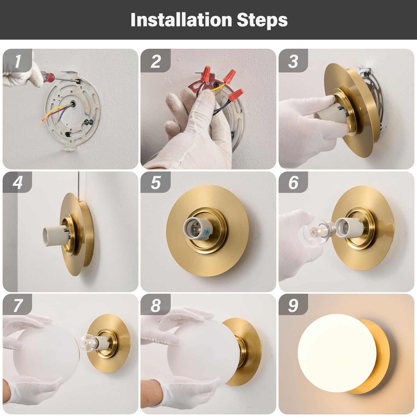 Modern Glass Globe Wall Sconce: Gold Spherical Sconces Light - Small Brass Vanity Single Ball Lights Fixture - Contemporary Milk Glass Wall Mounted Lamp for Bedroom Bathroom Hallway Bulb Not Included